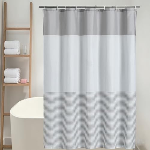 Polyester RV Shower Curtain, Fluorine-Free Waterproof, Taupe Horizontal Stripes, 10 Metal Grommets, 12 Hooks Included, 54x69 Inch for Camper Small Bathroom