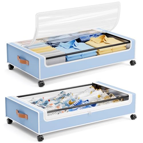 Yecaye Under Bed Storage with Wheels, 2 Pack Under Bed Storage Containers, 60L Underbed Shoe Storage with Clear Window & Label, Rolling Under Bed Metal Drawer for Clothes, Shoes, Books, Blankets, Blue - color: Blue, size: Large(2pack)