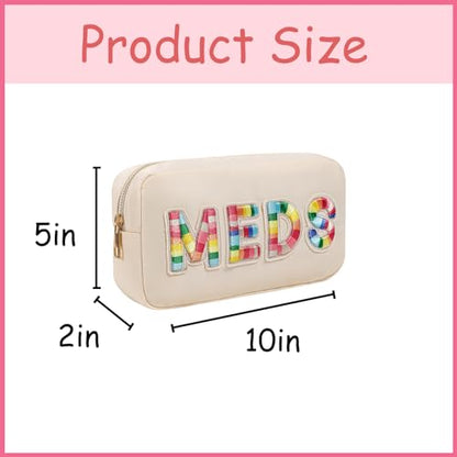 Chenille Letter Patch Nylon Medicine Packages,Cute MEDS Travel Makeup Bag with Metal Zipper, First Aid Purse Organizer Cosmetic Bag for Women and Girls(01Beige) - color: 01Beige