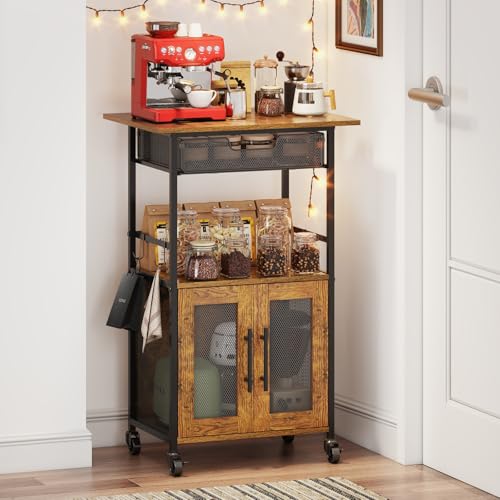 3 Tier Slim Rolling Coffee Cart with 2-Door & Pull-Out Wire Basket Drawer, Coffee Bar Cabinet on Lockable Casters, 32.7" H Microwave Cart with Storage for Home, Kitchen, Dining Room (Rustic Brown) - size: Medium