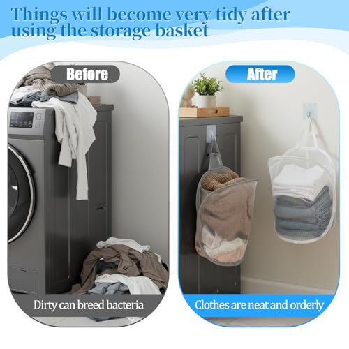 2 Pack Mesh Foldable Hanging Laundry Hamper, Small Wall Laundry Baskets Space-Saving Wall Hamper Portable Dirty Clothes Organizer for Home, Dorms, Hotels, RVs Grey White