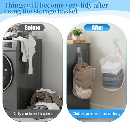 2 Pack Mesh Foldable Hanging Laundry Hamper, Small Wall Laundry Baskets Space-Saving Wall Hamper Portable Dirty Clothes Organizer for Home, Dorms, Hotels, RVs Grey White