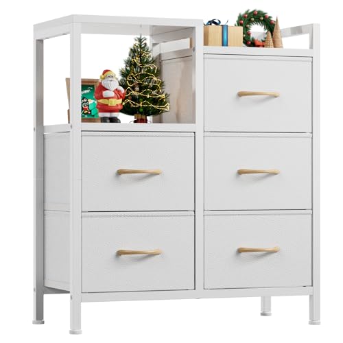 Furnulem 5 Drawer White Dressers for Bedroom 2 Tier Shelf Storage Small Fabric Dresser for Closet Sturdy Metal Frame Modern Style Storage Cabinets Organization Units for Hallway Rooms - color: White
