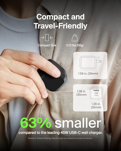 Belkin USB C Charger Block Fast Charging 45W - PD3.1 PPS Super Fast Charging - Samsung Galaxy S25-S26, iPhone 17, Air, Pro, Pro Max, AirPods, Apple Watch, Google Pixel 10, Nintendo Switch, etc - Black - color: Black, style: Single Pack