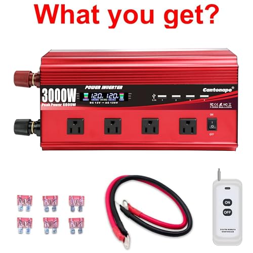 Cantonape 3000W Power Inverter 12V to 110V/120V DC to AC with LCD Display, Remote Controller 4 x AC Outlets and 4 x 3.1A USB Car Adapter for Car Truck Boat RV Solar System - size: 3000W-12V