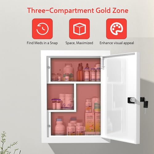 Locking Medicine Cabinet Wall-Mount: Storage Cabinet with Combination Lock & Key - White Metal First Aid Kits for Family Safety and Childproofing - color: Frosted White