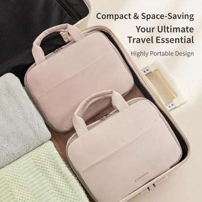 Voyage Living Hanging Travel Toiletry Bag for Women, 3-Tier Makeup Organizer, Large Capacity Waterproof PU Leather Cosmetic Case, Travel Essentials (Mist Rose)