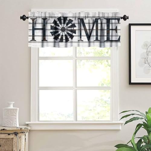 Retro Windmill Valance Curtain, Rustic Farmhouse Wood Grain Country Style Print Rod Pocket Blackout Window Valance for Kitchen Cafe Living Room Bathroom, 54x18in - color: Farmhouse-17
