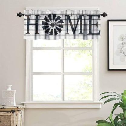 Retro Windmill Valance Curtain, Rustic Farmhouse Wood Grain Country Style Print Rod Pocket Blackout Window Valance for Kitchen Cafe Living Room Bathroom, 54x18in - color: Farmhouse-17