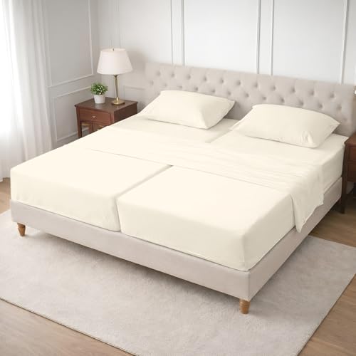 SGI Split King Sheet Set for Adjustable Bed Egyptian Premium Cotton 600 Thread Count Sheets for Sleep Number Bed 15" Deep Pocket 5 Pc Set with 2 Twin XL Fitted Sheets Soft Breathable -Ivory - color: 05 - Ivory, size: Split King