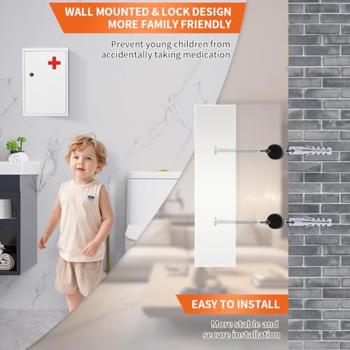 Ydocabinit Steel Wall-Mount Lockable Medical Cabinet, 2-Tier Medical Box with Key, Metal Storage Box, Medicine Organizer Secure Large Capacity, First Aid Cabinet for Bathroom School 12.59×8.46×3.14"