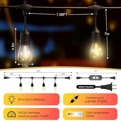 50FT Outdoor String Lights Waterproof with 30+2 Bulbs (1.5FT Bulbs Spacing), Remote & Dimmer, Commercial Grade Patio Lights with 3 Mode Light & Timing,100PC Ties for Outside - style: 50FT With 32 Bulbs