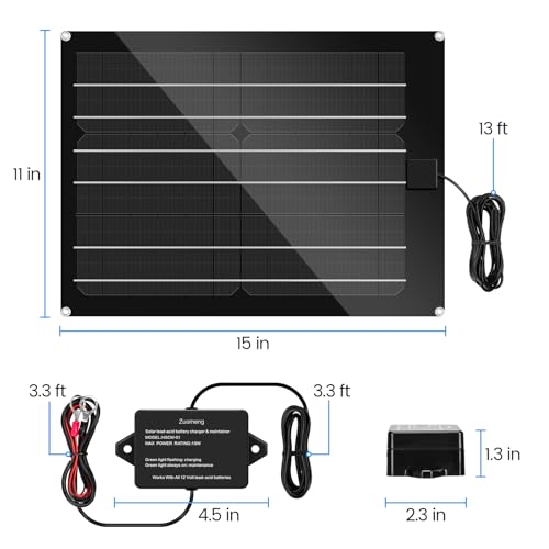 Solar Battery Charger Maintainer, Zuomeng 15W Solar Panel Kit for Dump Trailer Built-in Maintenance Pulse & Intelligent MPPT Charge Controller, Waterproof, Suitable for 12V Lead-Acid Battery