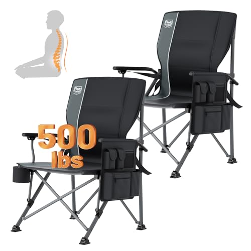 Timber Ridge Aluminum Oversized Camping Chair with Lumbar Support up to 500lbs, Heavy Duty Folding High Back Chair for Adults, Cup Holder, Cooler Bag, Side Pocket, 2 Pack - color: Aluminum Lumbar Support Black-2 Set