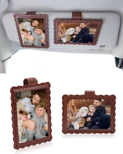 COOLYOUTH 2Pcs Car Picture Frame Car Visor Clip Picture Holders Leather Magnetic Photo Frames with Clip (2, Leather-Umber) - color: Leather-Umber