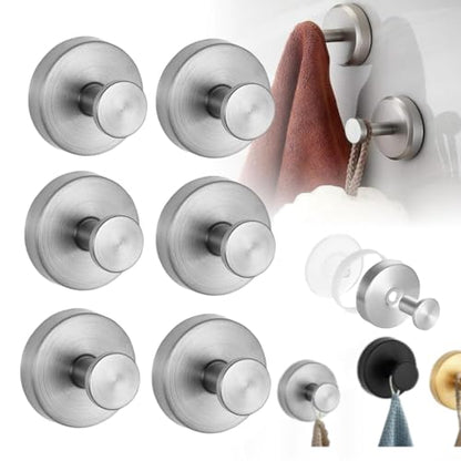 2025 Upgraded No-Drill Hooks, Suction Cup Hooks, Stainless Steel Suction Cup for Shower, Bathroom, Hanging Towels, Mounting on Glass Shower Doors, Tile, Mirrors (Sliver 6 PCS) - color: Sliver 6 PCS