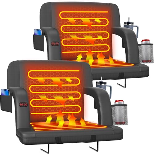 Suteck Dual-Sided Heated Stadium Seats for Bleachers with Back Support, Portable Heated Bleacher Seat with Backrest, 3 Heat Levels, 5 Pockets – Ideal for Outdoor Stadiums and Events - Black - color: 2pcs 25in Black