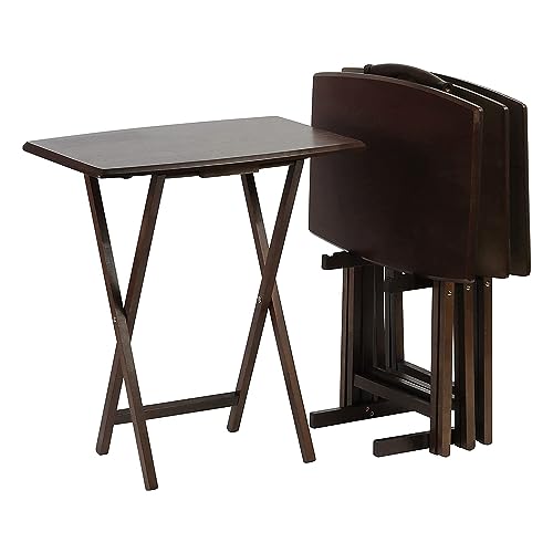 PJ Wood 5-Piece Folding Wooden Table Set, TV Tray Tables with Collapsible Storage Rack, Walnut - Portable and Adjustable Home Furniture for Living Room, Bedroom, and Kitchen