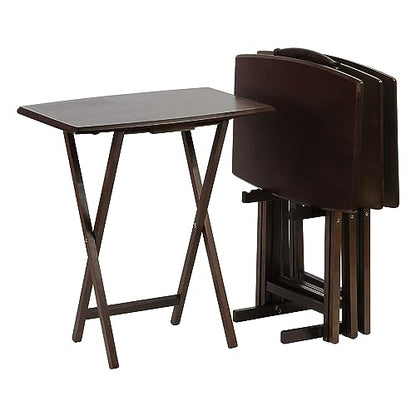 PJ Wood 5-Piece Folding Wooden Table Set, TV Tray Tables with Collapsible Storage Rack, Walnut - Portable and Adjustable Home Furniture for Living Room, Bedroom, and Kitchen