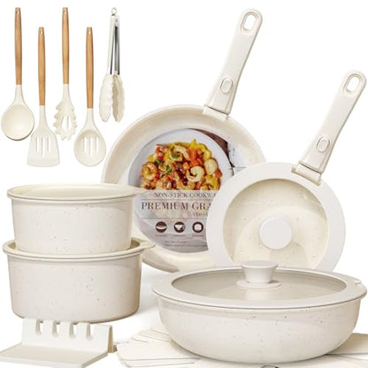Astercook 21 Pcs Pots and Pans Set Non Stick, Ceramic Cookware Set Detachable Handle, RV Kitchen Cooking Set Removable Handles, Oven Safe, Induction Ready, Stackable, Cream, Fathers Day Gift for Men - color: Cream White, size: 21 Piece