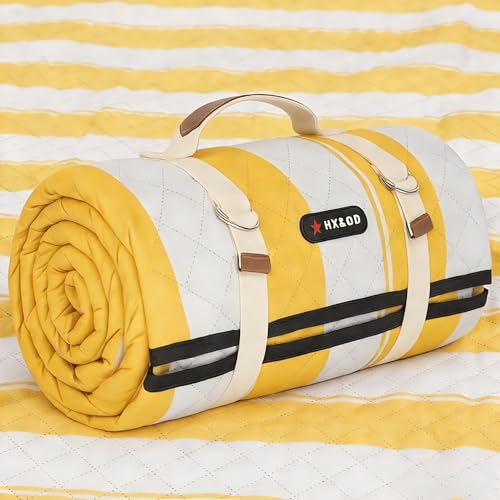 HX&OD Extra Large Picnic Outdoor Blanket, 80”x60” Waterproof Picnic Mat Foldable Camping Blanket Portable with Carry Strap for Beach Mat Outdoor Camping Party(Yellow) - color: Yellow&white, size: 5' x 6'8" (Square)