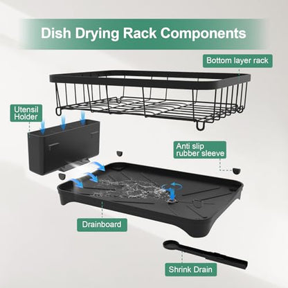 Dish Drying Rack for Kitchen Counter – Large Capacity Single Tier Dish Drainer with Utensil Holder & Cutlery Tray, Space Saving Countertop Organizer, Black - color: Single Tier - Black