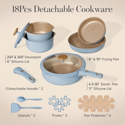CAROTE 18Pcs Pots and Pans Set, Nonstick Cookware Set Detachable Handle, kitchen Pan Set, Induction kitchen cookware Non Stick, RV Cookware Sets, Oven Safe, Blue - color: Blue