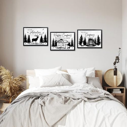 HOMEOART Camping Wall Decor RV Adventure Painting Camper Decor Art Print with Black Frame, Camper Living Room Bathroom Bedroom Decoration,Framed 12x16inchx3Pieces,Black and White