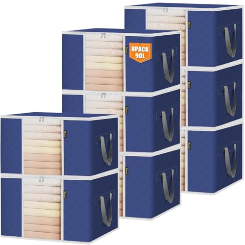 BALEINE 8 Pack Clothes Storage Bags, 24 Gallon Storage Containers with Reinforced Handle, Sturdy Zipper, Closet Organizer for Blanket, Comforter, Pillow, Bedding (Blue, 8 Pack) - color: Blue, size: 8 Pack-24 Gallon