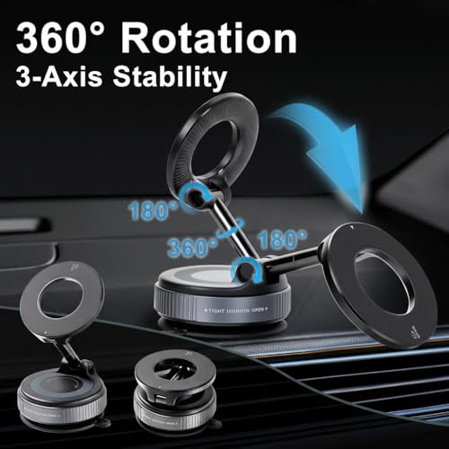 2026 Upgraded Vacuum Magnetic Car Phone Holder, 360° Adjustable Magsafe Car Mount with 90 LBS Ultra Suction Cup, Cell Phone Holders for Car/Gym/Mirror, fit iPhone & Android