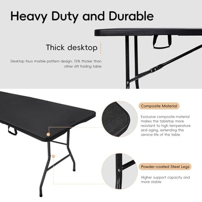 pollilar Folding Table 6FT HDPE 6 Foot Foldable Table Portable Banquet Surface Fold-in-Half Desk Utility for Working Meeting Parties, Picnic, Camping, Weddings, Catering, Garden Dining-Black - color: Black