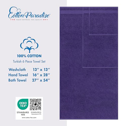 Cotton Paradise 6 Piece Towel Set, 100% Cotton Soft Absorbent Turkish Towels for Bathroom, 2 Bath Towels 2 Hand Towels 2 Washcloths, Purple Towel Set - color: Violet Purple