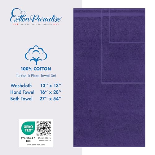 Cotton Paradise 6 Piece Towel Set, 100% Cotton Soft Absorbent Turkish Towels for Bathroom, 2 Bath Towels 2 Hand Towels 2 Washcloths, Purple Towel Set - color: Violet Purple