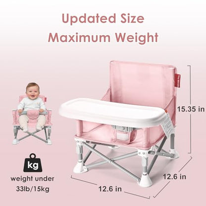 Tiny Marvels Baby Chair, Portable & Foldable for Travel & Beach, Ages 6M-3Y | BPA-Free Material, 3-Point Harness, 3-in-1 Baby Chair, Removable Tray & Carry Bag, Sturdy with Reinforcement, Non-Slip Feet - color: Pink