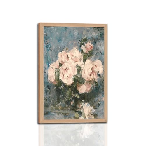 Framed Vintage Floral Wall Art, Farmhouse Wall Decor Retro Flower Botanical Painting, Rustic Still Life Pink Roses Canvas Prints Painting French Decor, for Bedroom Bathroom 12x16in - color: Pink Roses, size: 12x16 Inches