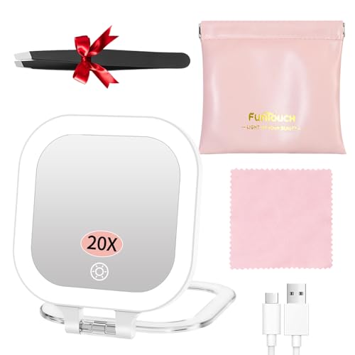 FUNTOUCH Rechargeable Travel Makeup Mirror, 20X/1X Magnifying Double Sided Makeup Mirror, Lighted Portable Vanity Mirror,3 Colors Lighting & Stepless Dimming,with Tweezers & Bag,Gift for Women,White - color: White-b