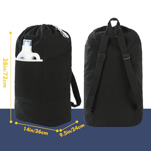 Canvas Laundry bag, Washable Laundry backpack, Adjustable Straps, Large Front Pocket, Drawstring Closure (BLACK, X-Large) - color: BLACK, size: X-Large