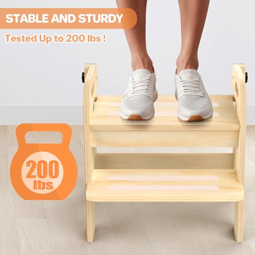 Wooden Toddler Step Stool, Foldable 2-Step Stool for Kids Bathroom Sink, Toilet Potty Training with Handles, Anti-Slip for Kitchen, Nursery, Bedroom(16.9 Wide)
