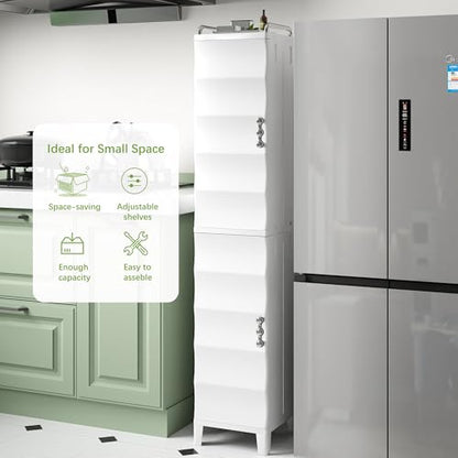 VECELO Narrow Storage Cabinet, 54.3” Tall Slim Storage Organizer with Adjustable Shelves, Magnetic Doors, for Small Space Kitchen, Bathroom, Laundry & Bedroom, White