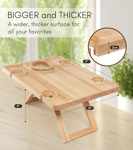 Portable Wine Picnic Table - Foldable Bamboo Snack Tray with Glass & Bottle Holders - Picnic Wine Set for Beach, Camping, Park - Gift for Wine Lovers