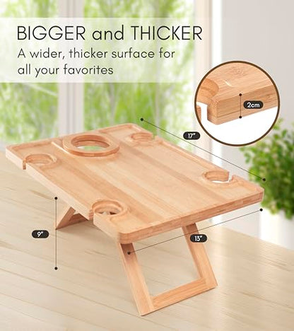 Portable Wine Picnic Table - Foldable Bamboo Snack Tray with Glass & Bottle Holders - Picnic Wine Set for Beach, Camping, Park - Gift for Wine Lovers