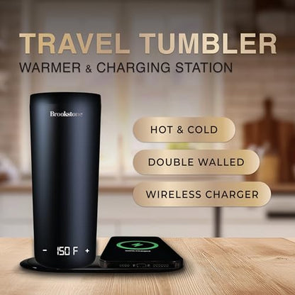 Brookstone Smart Self Heating Travel Mug & Wireless Phone Charging Station - 11.5oz Temperature Control Heated Coffee Tumbler | 6Hr Battery for Continuous Warmth | Double-Wall Stainless Steel - Black - color: Black Tumbler