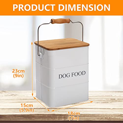 Morezi Dog Treat and Food Storage Tin with Wooden Lid and Scoop Included - White Powder - Carbon Steel - 5 lbs Capacity - Pet Food Container Storage Canister - color: White
