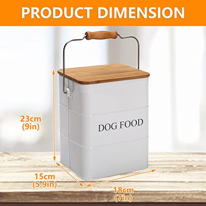 Morezi Dog Treat and Food Storage Tin with Wooden Lid and Scoop Included - White Powder - Carbon Steel - 5 lbs Capacity - Pet Food Container Storage Canister - color: White