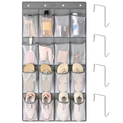 F-color 16-Pocket Hanging Organizer - Over the Door Shoe Organizer, Cruise Essentials for Cabin & RV, Breathable Mesh Storage Pockets, Space Saving Hanging Storage Holder with 4 Sturdy Metal Hooks - color: Grey (M), size: M - 16 Pockets/4 Hooks