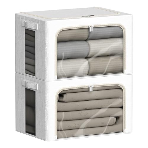 FHSQX 2 Pack Clear Window Storage Bins - Large Stackable Linen Fabric Storage for Clothes Foldable Container Organizer Set with Carrying Handles (Lvory White, 15.7x 11.8x 11.7 Inch) - color: Lvory White, size: 15.7x 11.8x 11.7 Inch