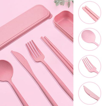 ELANE 4 Sets Reusable Travel Utensils Set with Case,Camping Cutlery Set Reusable Cutlery Set with Case,Utensil Sets for Lunch Picnic Daily Use Outdoor (pink) - color: Pink