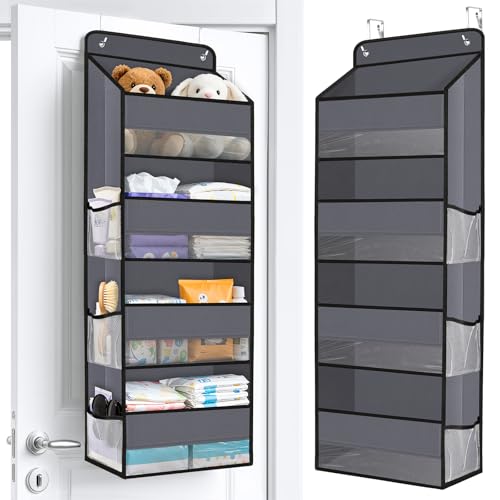 WISELIFE Over The Door Organizer Storage with 4 Large Pockets Door Hanging Organizer with Clear Windows behind The Door Storage for Nursery Bedroom Bathroom Pantry Closet and Baby Essentials Dark Grey - color: Dark Grey, size: 4-Tier