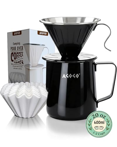 AGOGO Pour Over Coffee Maker Set - Unbreakable 304 Stainless Steel V60 Dripper & Server for Camping & Home, Includes 50 Paper Filters & Barista Towel - Black - 20oz - color: A02-Black, size: 20oz / 600ml (Full Set)