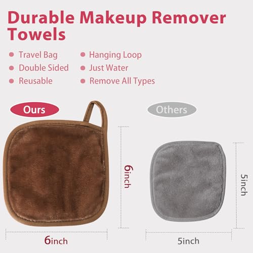 Natwag Makeup Remover Cloth, 6" x 6" Make Up Towels Reusable Face Cloth for Washing Face, Makeup Remover Pads Microfiber Face Washcloth with Mesh Bag, Just Water, 12 Pack, Brown - color: Brown